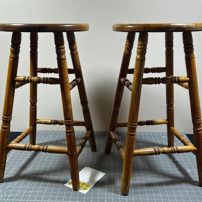 2 Round Oak Bar Stools