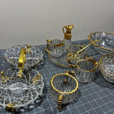 Large Grouping of Clear Glass and Gold Rimmed Dishes, Serving Wear, etc.. 