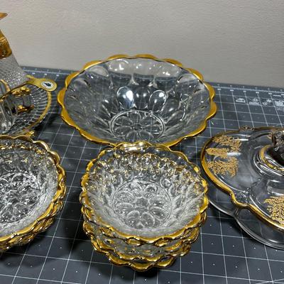 Large Grouping of Clear Glass and Gold Rimmed Dishes, Serving Wear, etc.. 