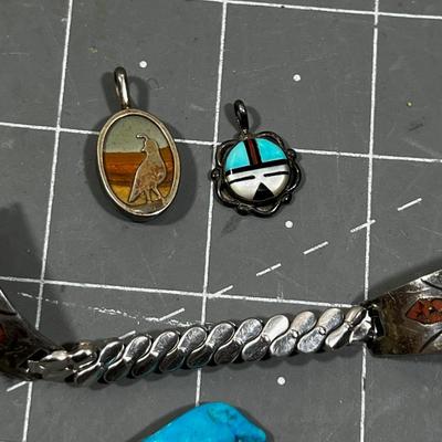 Turquoise and Silver Watch Band and A Couple of Pendants, Native Am. Crafted