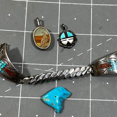 Turquoise and Silver Watch Band and A Couple of Pendants, Native Am. Crafted