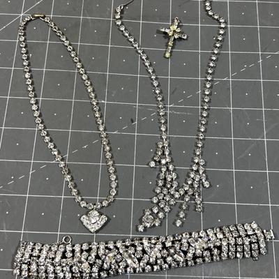 Rhinestone Necklace Choker, Crucifix and a Bracelet 