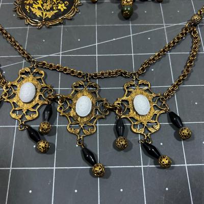 Vintage Gold Tone Necklaces; Including Jade Elephant, Victorian Style and 