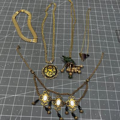 Vintage Gold Tone Necklaces; Including Jade Elephant, Victorian Style and 