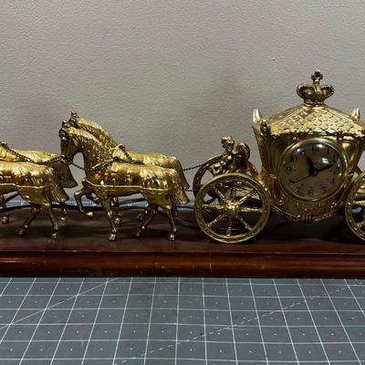 Gold Toned Electric Clock Horse & Carriage 