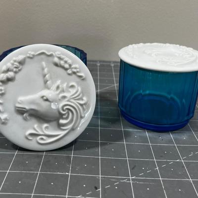 2 Blue and White Lidded Unicorn Jars