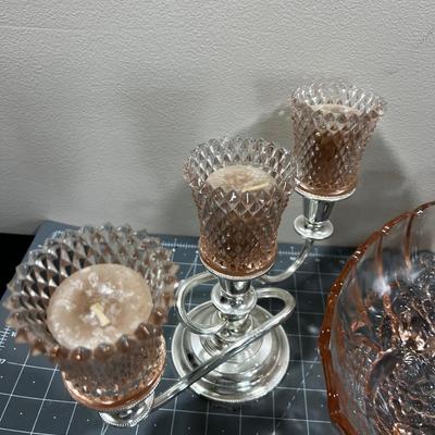 Pink Glass, Bowl, Vase and Candelabra 
