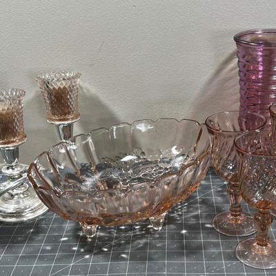 Pink Glass, Bowl, Vase and Candelabra 