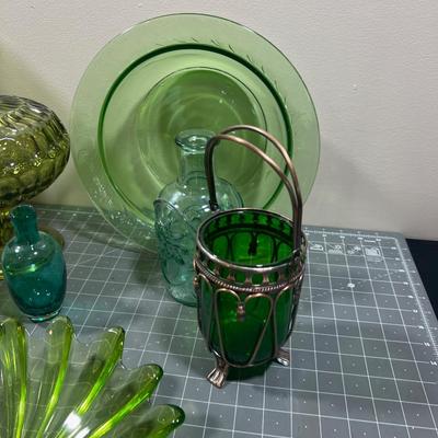 GREEN Glass; Covered Candy, Bottle Vase, Bud Vase, Bowl, Gorgeous Flower Vase, ETC.  