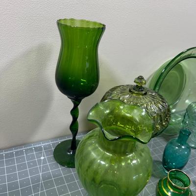 GREEN Glass; Covered Candy, Bottle Vase, Bud Vase, Bowl, Gorgeous Flower Vase, ETC.  