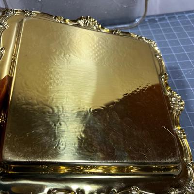2 Trays: Glass with Gold Trim and Gold Tray with Inserts