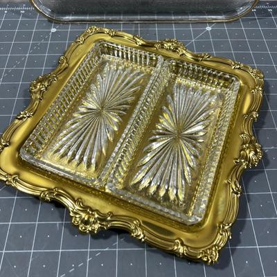 2 Trays: Glass with Gold Trim and Gold Tray with Inserts