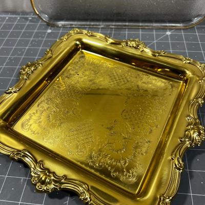 2 Trays: Glass with Gold Trim and Gold Tray with Inserts