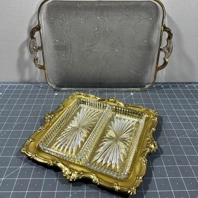 2 Trays: Glass with Gold Trim and Gold Tray with Inserts