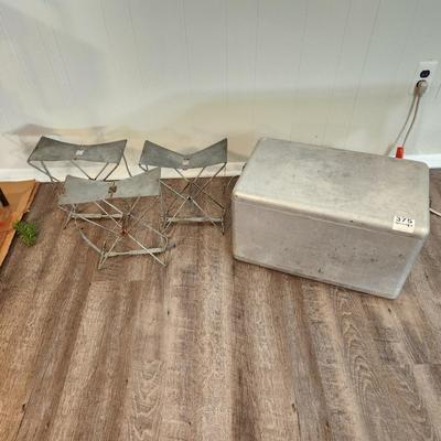 Vintage Aluminum Camping Cooler & 3 Folding Camp Seats Chair