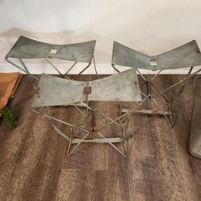 Vintage Aluminum Camping Cooler & 3 Folding Camp Seats Chair
