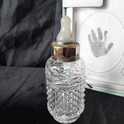 NIB BABY FEEDING SET-FIRST PRINTS FRAME AND LEAD CRYSTAL BOTTLE
