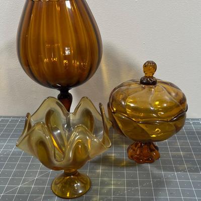 Decorative Amber Glass Vases and Covered Dishes