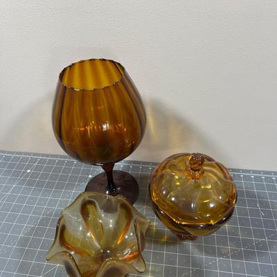 Decorative Amber Glass Vases and Covered Dishes