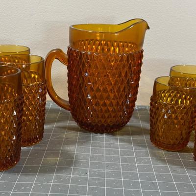 AMBER Diamond Point by Anchor Hocking Glass Ware Pitcher with Tumblers and 