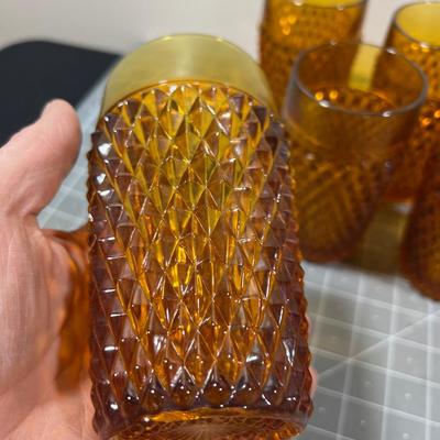 AMBER Diamond Point by Anchor Hocking Glass Ware Pitcher with Tumblers and 
