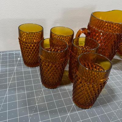 AMBER Diamond Point by Anchor Hocking Glass Ware Pitcher with Tumblers and 