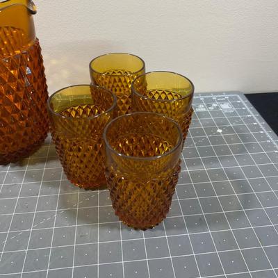 AMBER Diamond Point by Anchor Hocking Glass Ware Pitcher with Tumblers and 