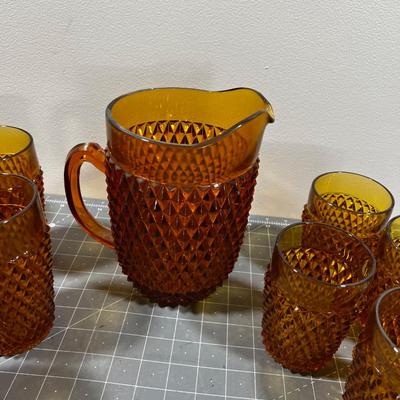 AMBER Diamond Point by Anchor Hocking Glass Ware Pitcher with Tumblers and 