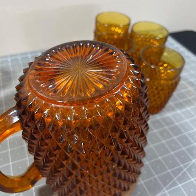 AMBER Diamond Point by Anchor Hocking Glass Ware Pitcher with Tumblers and 
