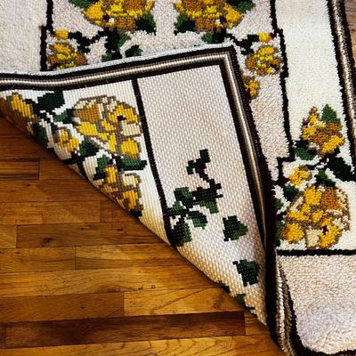 Large Yellow Floral Hook Rug, Hand Crafted