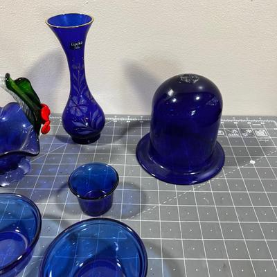 Blue Glass items: Basket, Vase, Snowflake Canister, Custard Cups