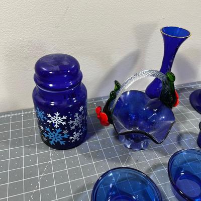 Blue Glass items: Basket, Vase, Snowflake Canister, Custard Cups