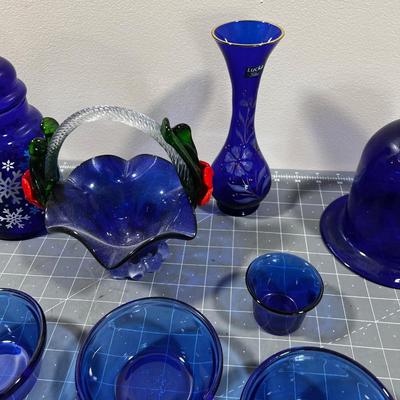 Blue Glass items: Basket, Vase, Snowflake Canister, Custard Cups