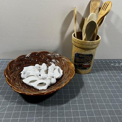 Serving Bowl, Napkin Rings Ducks and Wooden Spoon LOT 