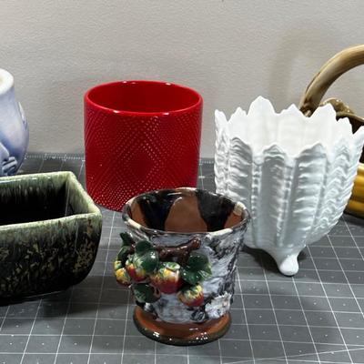 Random Lot Of Planters: Dolphins, Red, Tan Basket with Ivy