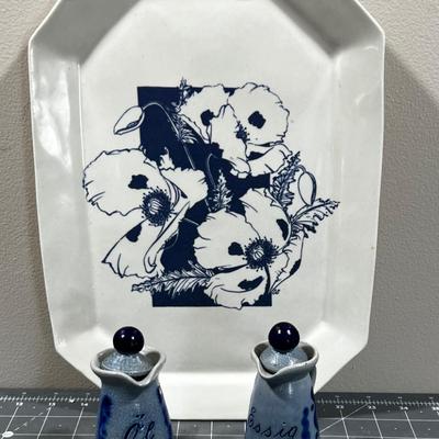 European Stoneware Tray Benn & Gallagher, Plus oil / vinegar Cruet's. 