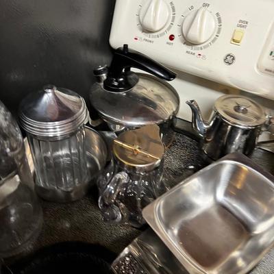 Stainless Steel Kitchen Items: Creamer, Serving Ware, Tea Kettle etc.