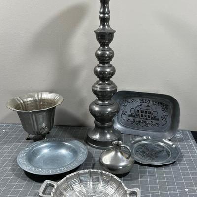 Pewter Lot: XL Candle Stick, Planter, Plates and plaques etc.
