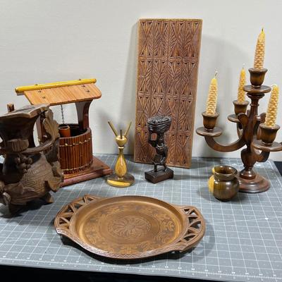 Carved Wood Lot: Wishing Well, Tray, Plaque, Jar, Grape Vase, Candle Stick Centerpiece