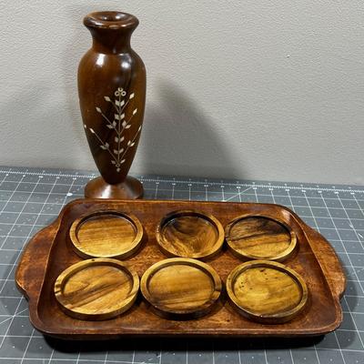 Carved Wood Tray, Coasters and Inlay Vase 