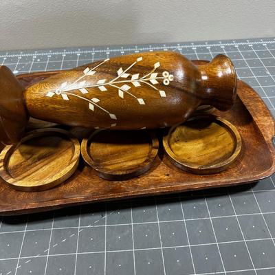 Carved Wood Tray, Coasters and Inlay Vase 