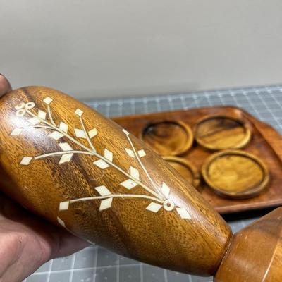 Carved Wood Tray, Coasters and Inlay Vase 
