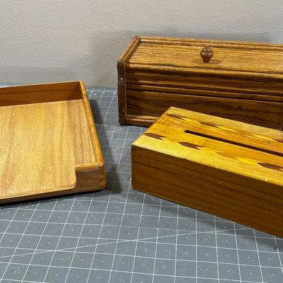 3 WOOD Items: Letter Tray, Organizer and Napkin Box