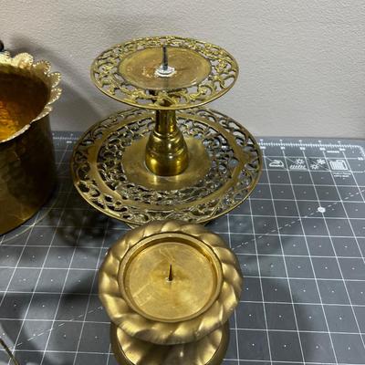 Lot of Brass: Bucket, Frame Holder, Candle Sticks etc.