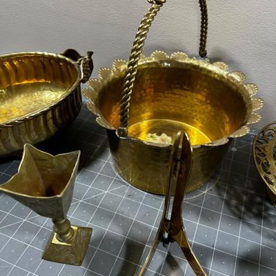 Lot of Brass: Bucket, Frame Holder, Candle Sticks etc.