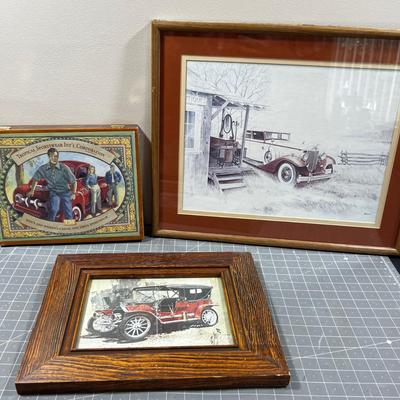 2 Car Pictures and a wood Box