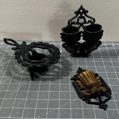 Cast Iron Trivet, Wall pocket and Match Holder