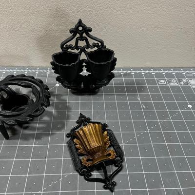 Cast Iron Trivet, Wall pocket and Match Holder