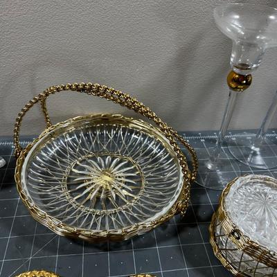 Gold Trim and GLASS: Ashtray, Candle Holder, Coasters