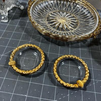 Gold Trim and GLASS: Ashtray, Candle Holder, Coasters